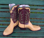 Full Quill Ostrich with ostrich collar, Yellow and Green stitch, wide round toe and cowboy heel