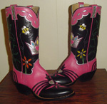 Queen Bee Boots.  Pink Kangaroo with Black kangaroo tops and foxing.  Silver crown and Queen Bee inlayed on tops