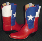 Kidskin Texas Flag tops with Bullhide bottoms, 10 in. tops with 1 3/4 in. cowboy heels, and wide box toes.