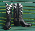 Black Kangaroo with inlaid steerhead and collar made from white Kangaroo.  Small box toe and cowboy heel.