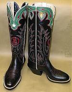Black Bullhide Buckaroo Boot W/ Black Top, Red Brand, Red Stitching, Green Collar w/White Star & Red Inlays, Teardrop Pull-Holes