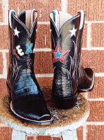 Black Alligator Tail Boot w/10in. Texas & Stars Inlayed Tops & Red White & Blue Pull Straps